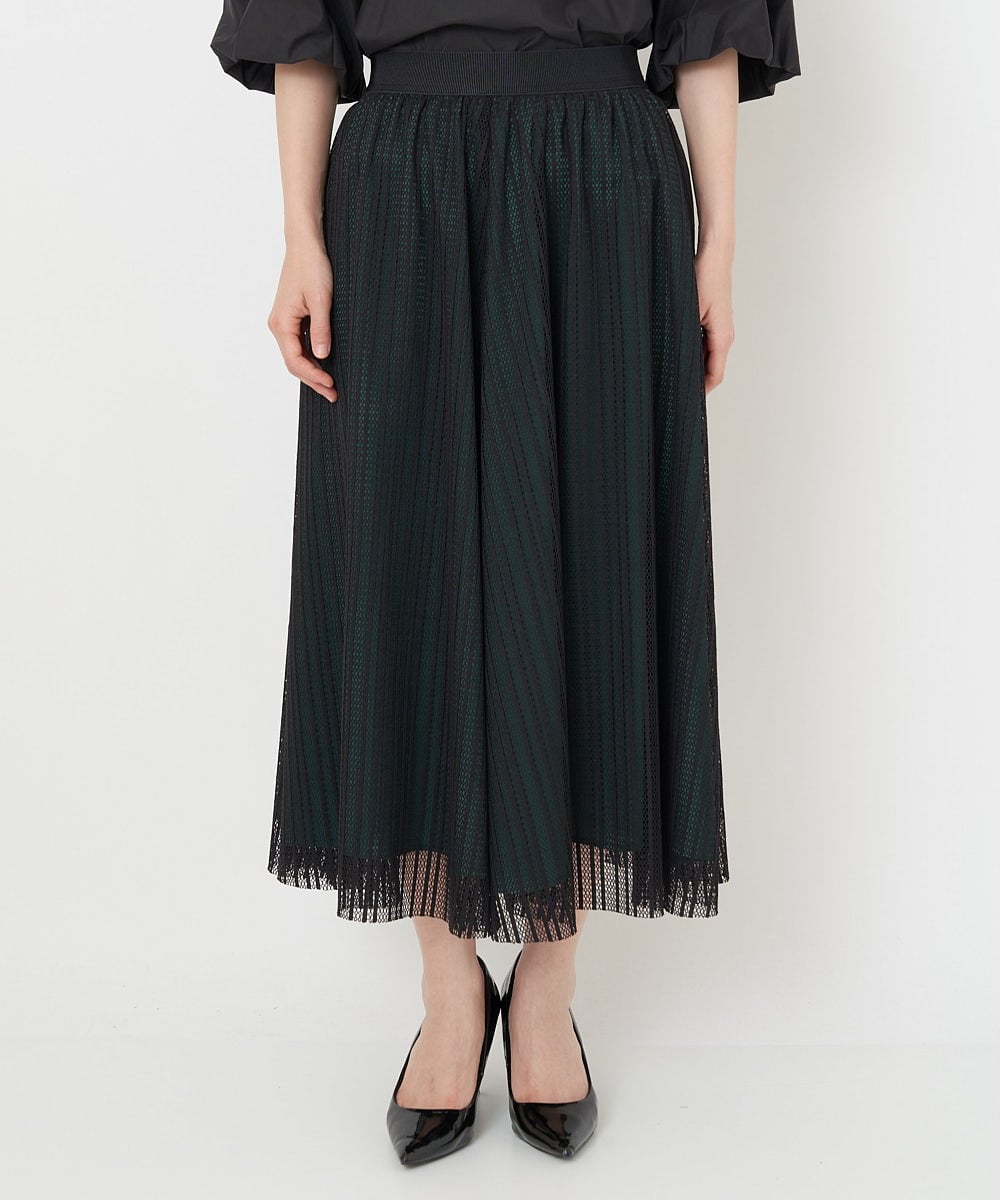 PHHJS05330 GEORGES RECH(小さいサイズ)(メゾン ドゥ サンク) メッシュストライプギャザーフレアスカート ブラック×グリーン