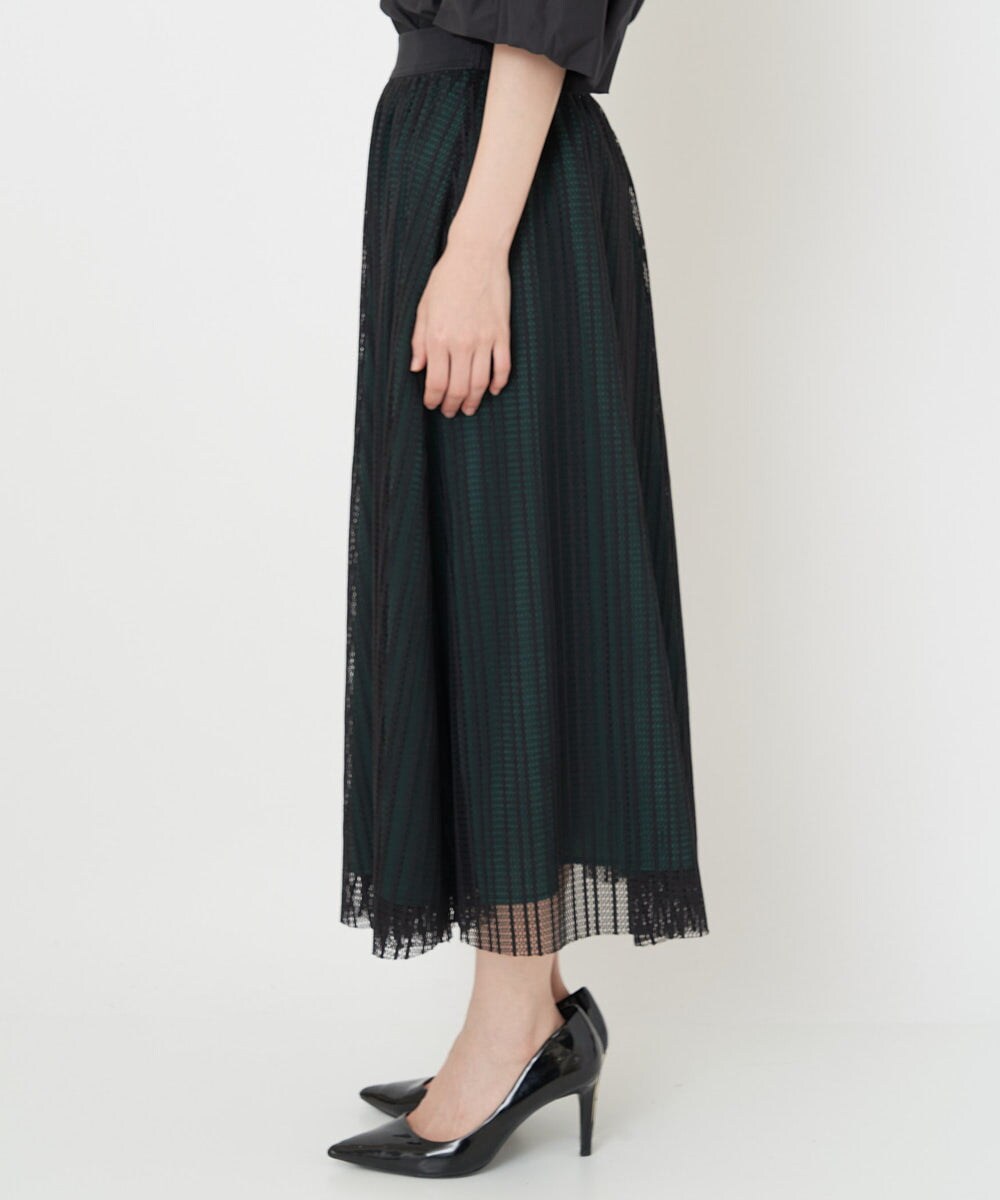 PHHJS05330 GEORGES RECH(小さいサイズ)(メゾン ドゥ サンク) メッシュストライプギャザーフレアスカート ブラック×グリーン