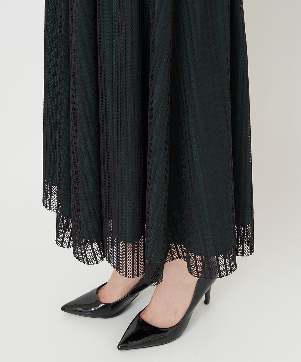 PHHJS05330 GEORGES RECH(小さいサイズ)(メゾン ドゥ サンク) メッシュストライプギャザーフレアスカート ブラック×グリーン