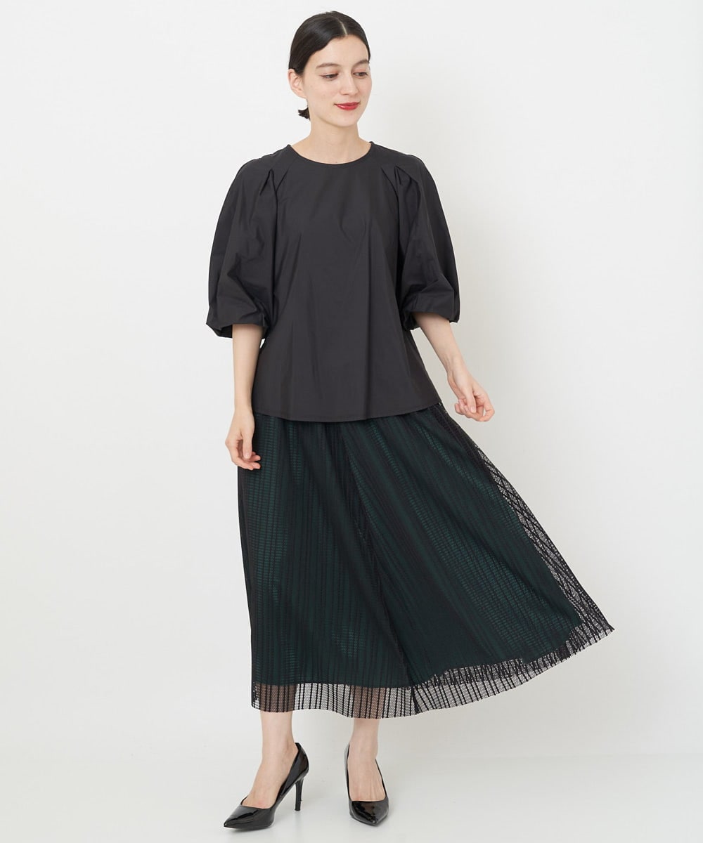 PHHJS05330 GEORGES RECH(小さいサイズ)(メゾン ドゥ サンク) メッシュストライプギャザーフレアスカート ブラック×グリーン