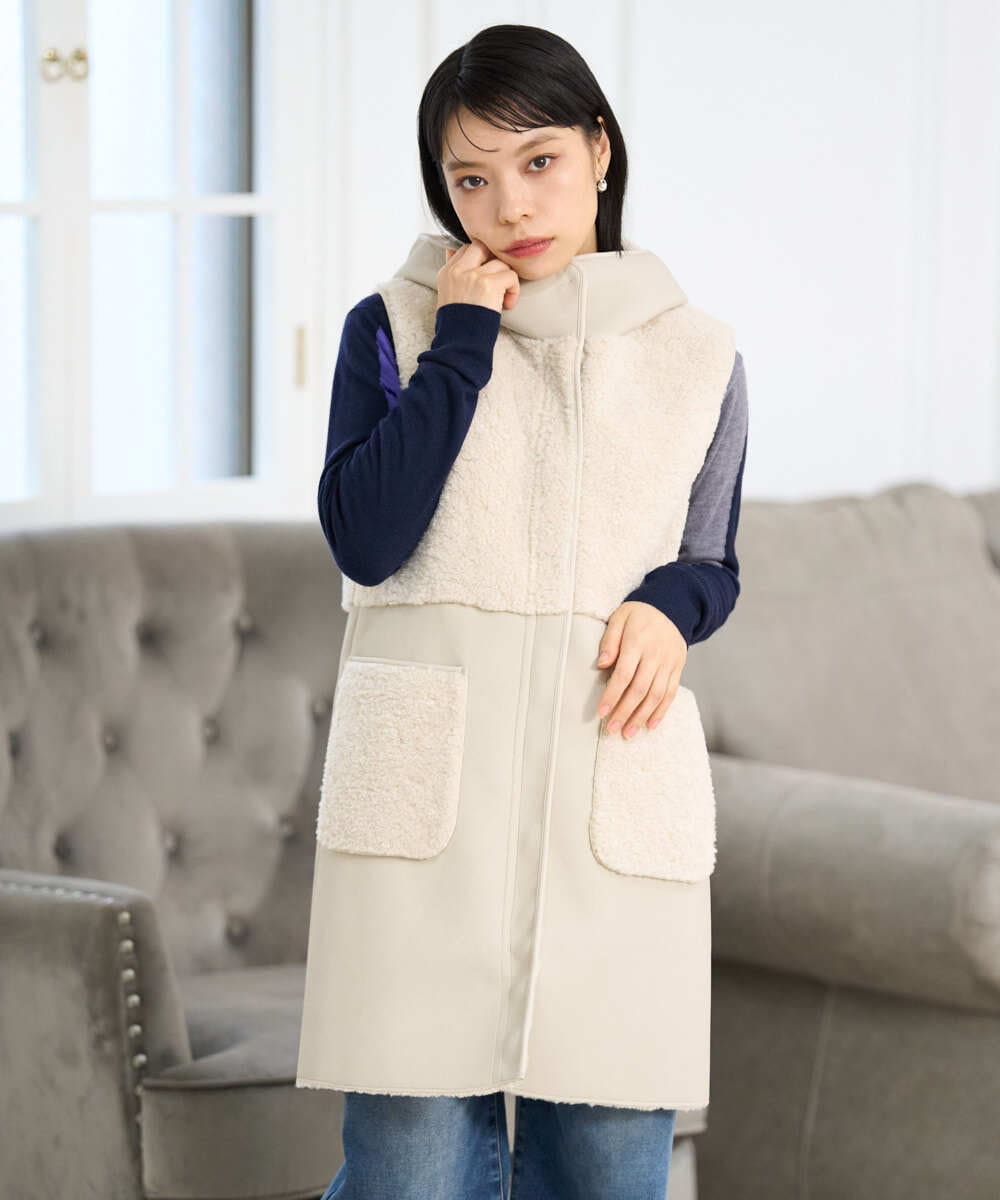 PHJAG10430 GEORGES RECH(小さいサイズ)(メゾン ドゥ サンク) エコムートンジップアップロングジレ ベージュ