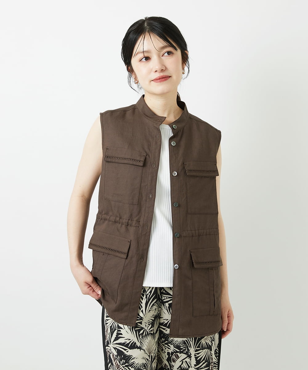 PHJGD30360 GEORGES RECH(小さいサイズ)(メゾン ドゥ サンク) リネン混サファリベスト ブラウン