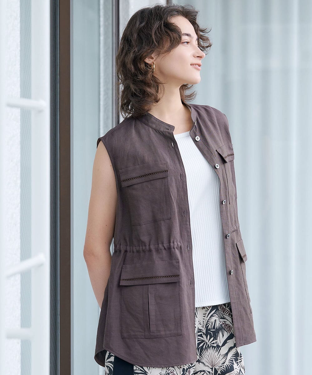 PHJGD30360 GEORGES RECH(小さいサイズ)(メゾン ドゥ サンク) リネン混サファリベスト ブラウン