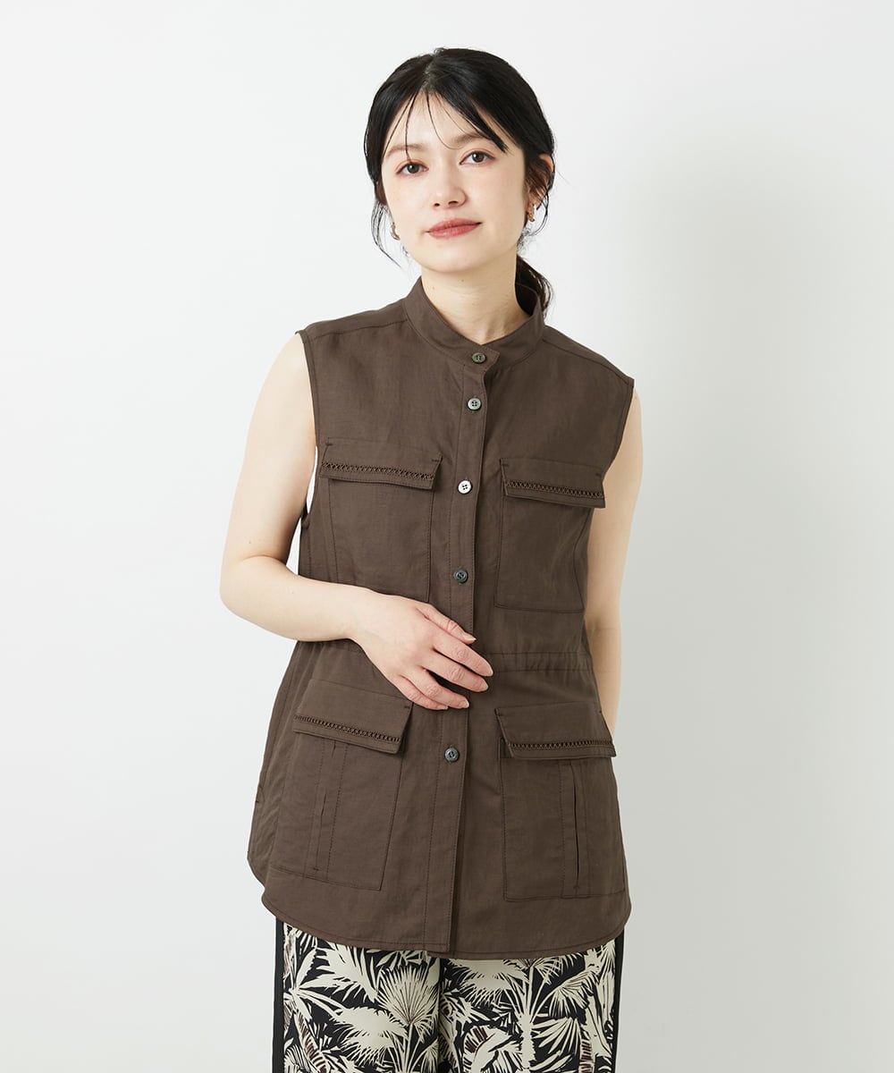 PHJGD30360 GEORGES RECH(小さいサイズ)(メゾン ドゥ サンク) リネン混サファリベスト ブラウン