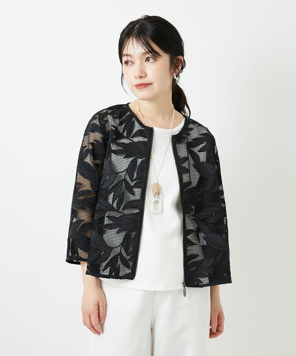 PHJGD37330 GEORGES RECH(小さいサイズ)(メゾン ドゥ サンク) メッシュアップリケノーカラージャケット ブラック