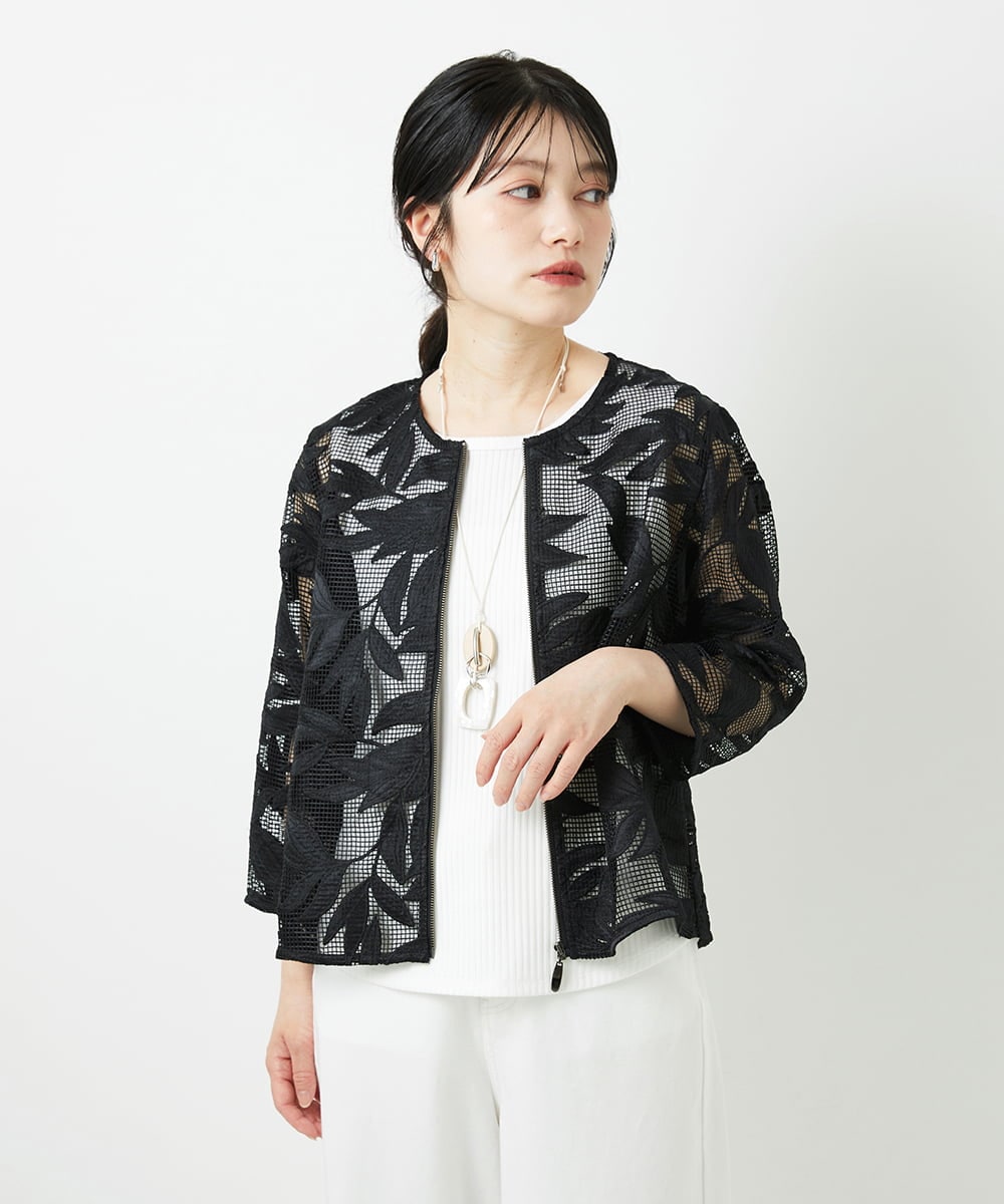 PHJGD37330 GEORGES RECH(小さいサイズ)(メゾン ドゥ サンク) メッシュアップリケノーカラージャケット ブラック
