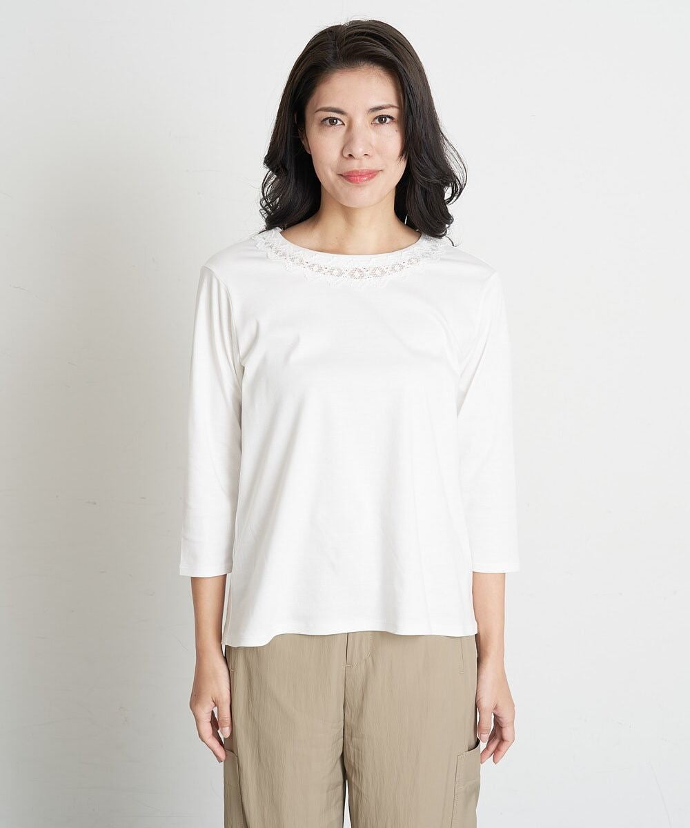 PHKET28230 GEORGES RECH(小さいサイズ)(メゾン ドゥ サンク) 8分袖コットンスムース刺繍カットソー ホワイト