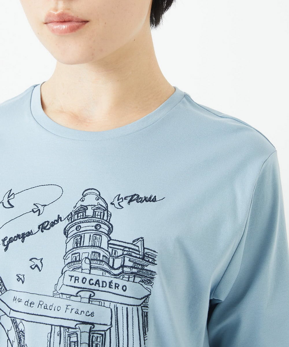 PHKGA08170 GEORGES RECH(小さいサイズ)(メゾン ドゥ サンク) ドライコットンイラスト刺繍Tシャツ ライトブルー