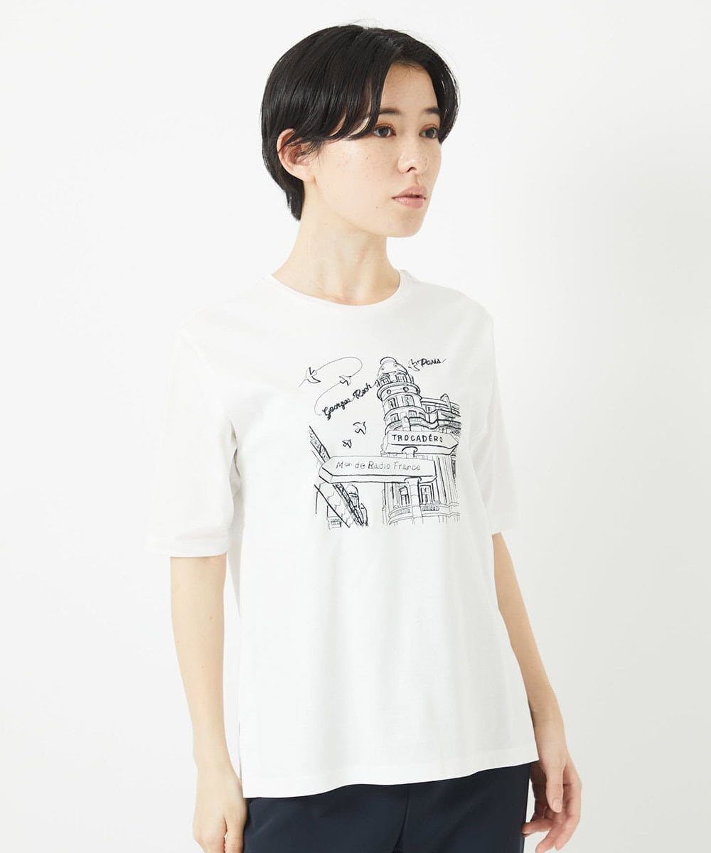 PHKGA08170 GEORGES RECH(小さいサイズ)(メゾン ドゥ サンク) ドライコットンイラスト刺繍Tシャツ ライトブルー