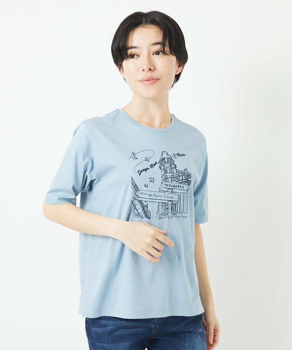 PHKGA08170 GEORGES RECH(小さいサイズ)(メゾン ドゥ サンク) ドライコットンイラスト刺繍Tシャツ ライトブルー