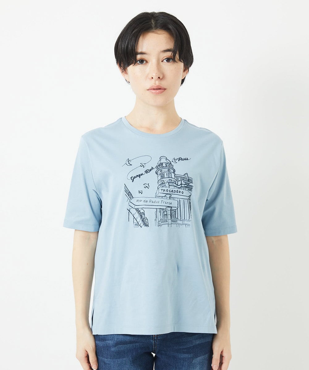 PHKGA08170 GEORGES RECH(小さいサイズ)(メゾン ドゥ サンク) ドライコットンイラスト刺繍Tシャツ ライトブルー