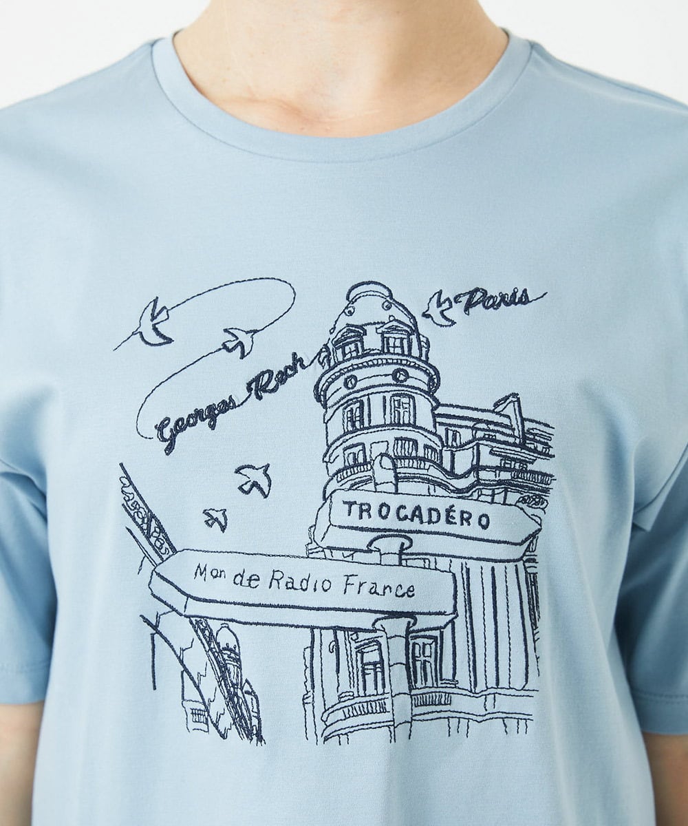 PHKGA08170 GEORGES RECH(小さいサイズ)(メゾン ドゥ サンク) ドライコットンイラスト刺繍Tシャツ ライトブルー