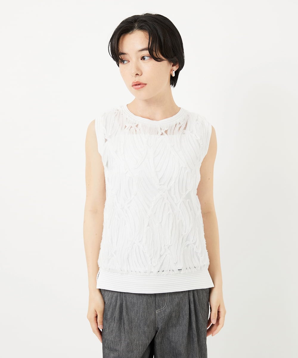 PHKGA46240 GEORGES RECH(小さいサイズ)(メゾン ドゥ サンク)  [2点セット]チュールテープ刺繍タンク付きノースリーブプルオーバー ホワイト