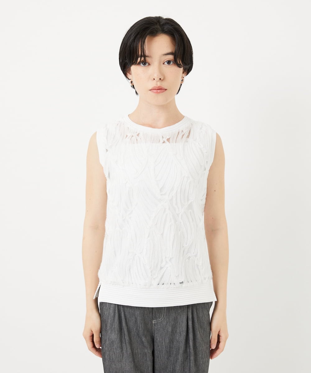 PHKGA46240 GEORGES RECH(小さいサイズ)(メゾン ドゥ サンク)  [2点セット]チュールテープ刺繍タンク付きノースリーブプルオーバー ホワイト