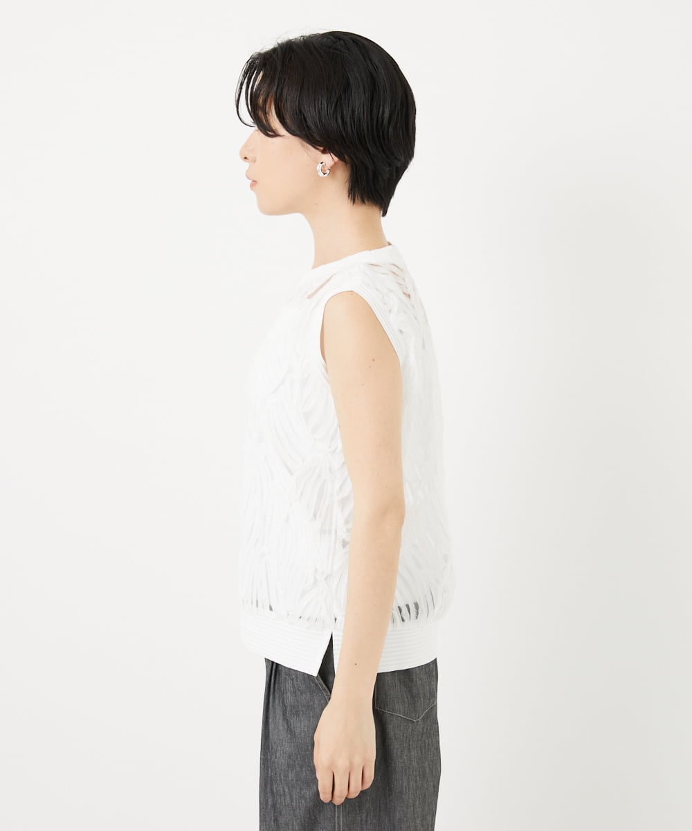 PHKGA46240 GEORGES RECH(小さいサイズ)(メゾン ドゥ サンク)  [2点セット]チュールテープ刺繍タンク付きノースリーブプルオーバー ホワイト