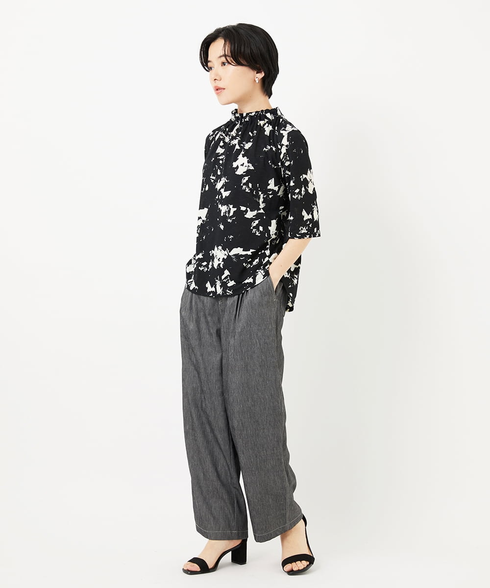 PHKGC43240 GEORGES RECH(小さいサイズ)(メゾン ドゥ サンク) [日本製]ギャザーハイネック5分袖カットソー ブラック
