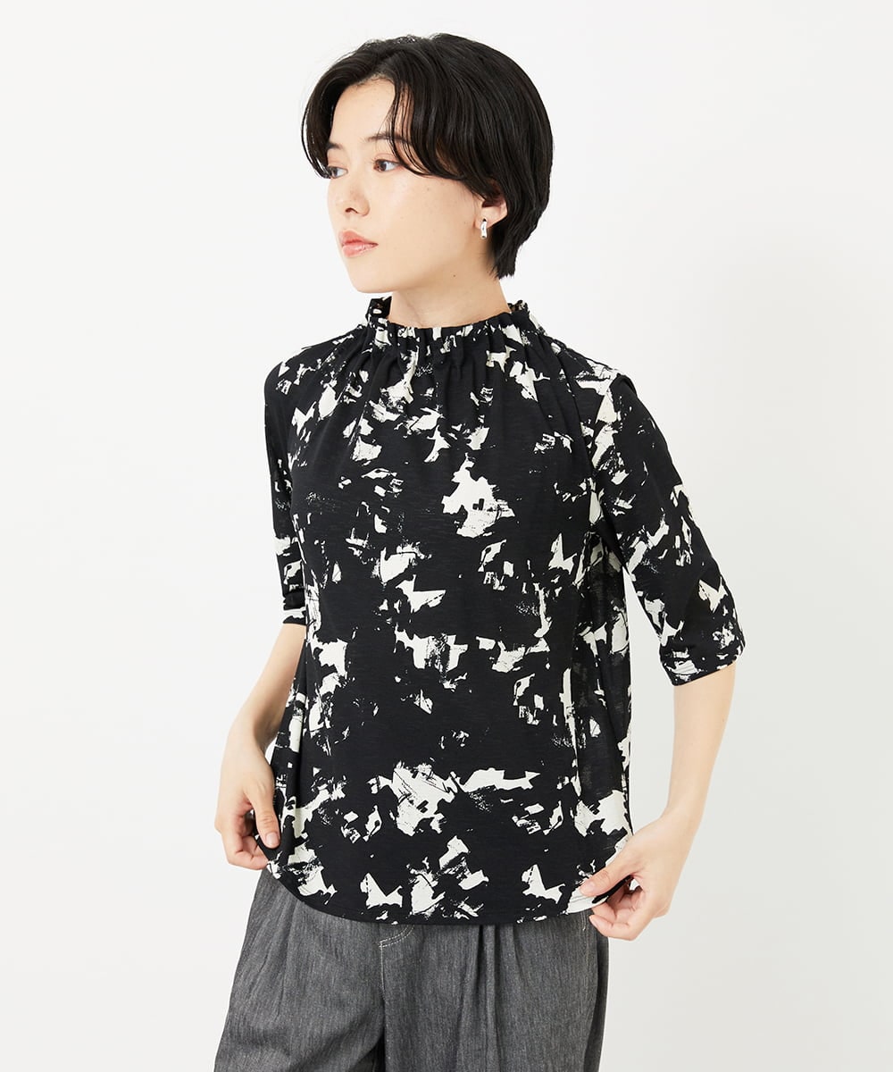 PHKGC43240 GEORGES RECH(小さいサイズ)(メゾン ドゥ サンク) [日本製]ギャザーハイネック5分袖カットソー ブラック