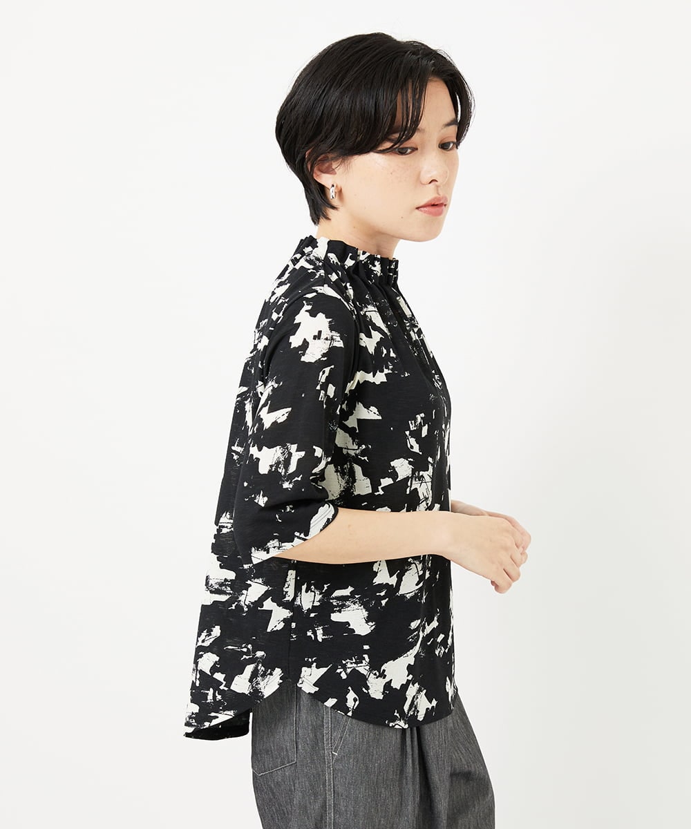 PHKGC43240 GEORGES RECH(小さいサイズ)(メゾン ドゥ サンク) [日本製]ギャザーハイネック5分袖カットソー ブラック