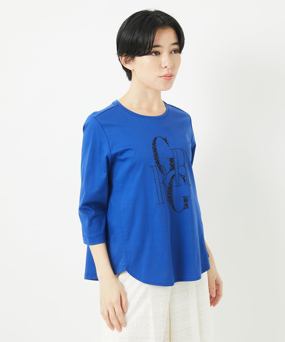 PHKGC82180 GEORGES RECH(小さいサイズ)(メゾン ドゥ サンク) ドライコットンビーズ刺繍ロゴ7分袖カットソー ホワイト