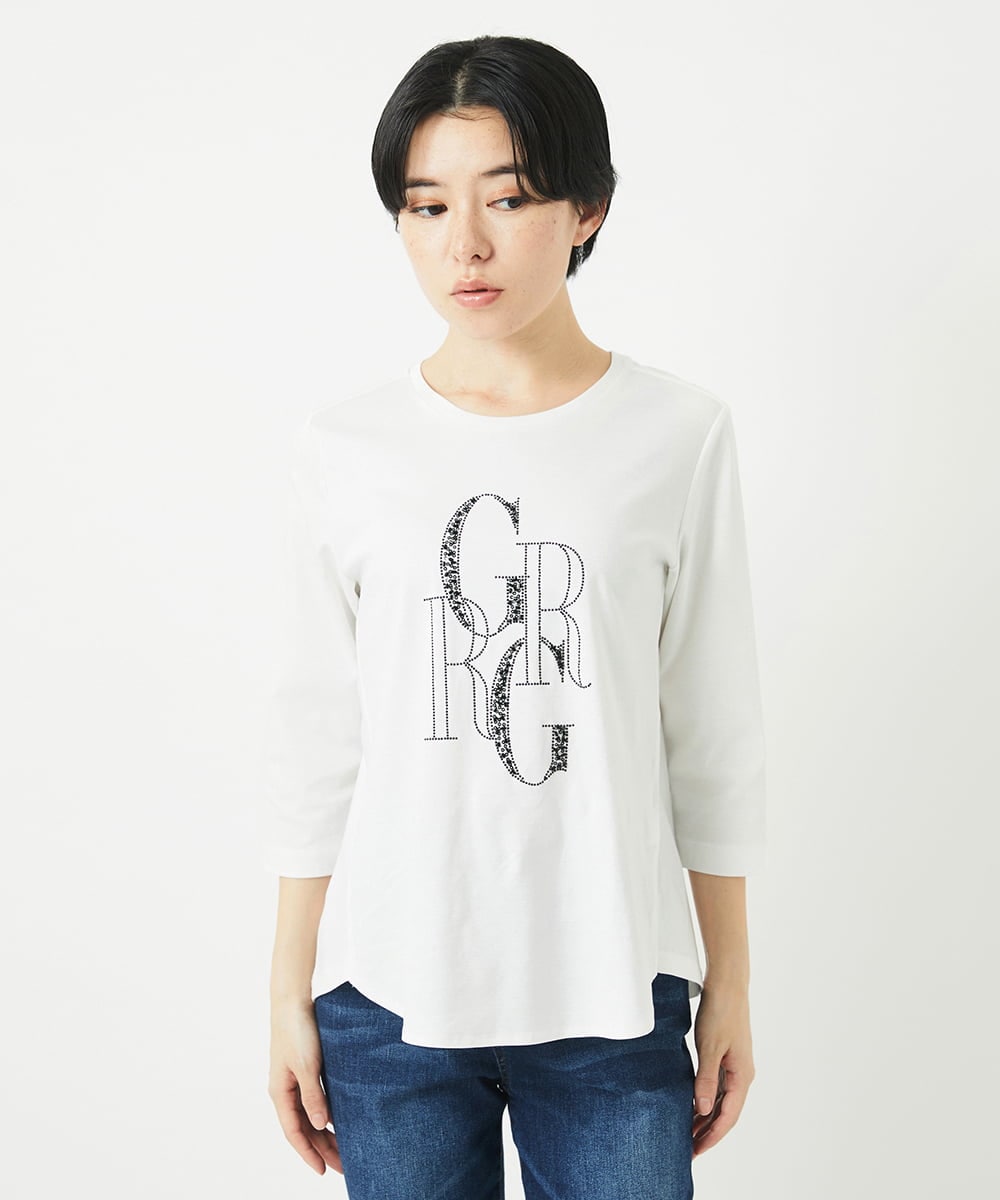 PHKGC82180 GEORGES RECH(小さいサイズ)(メゾン ドゥ サンク) ドライコットンビーズ刺繍ロゴ7分袖カットソー ホワイト