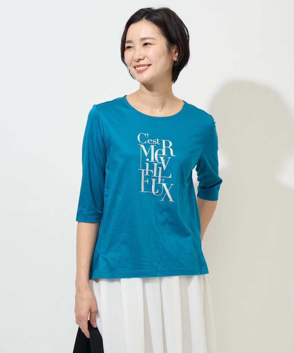 PHKGD16180 GEORGES RECH(小さいサイズ)(メゾン ドゥ サンク) メタリックロゴプリント5分袖カットソー ブルー