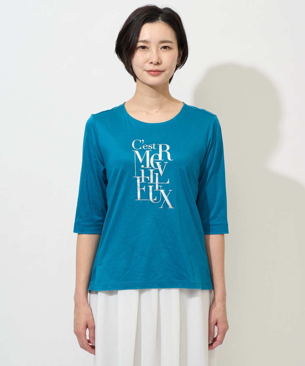 PHKGD16180 GEORGES RECH(小さいサイズ)(メゾン ドゥ サンク) メタリックロゴプリント5分袖カットソー ブルー