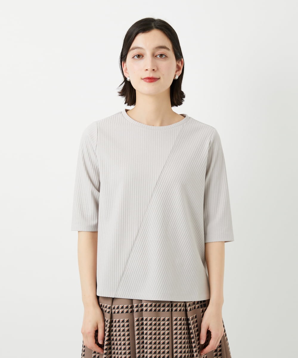 PHKGD17150 GEORGES RECH(小さいサイズ)(メゾン ドゥ サンク)  [日本製]バイヤスストレッチリブ5分袖カットソー ライトグレー