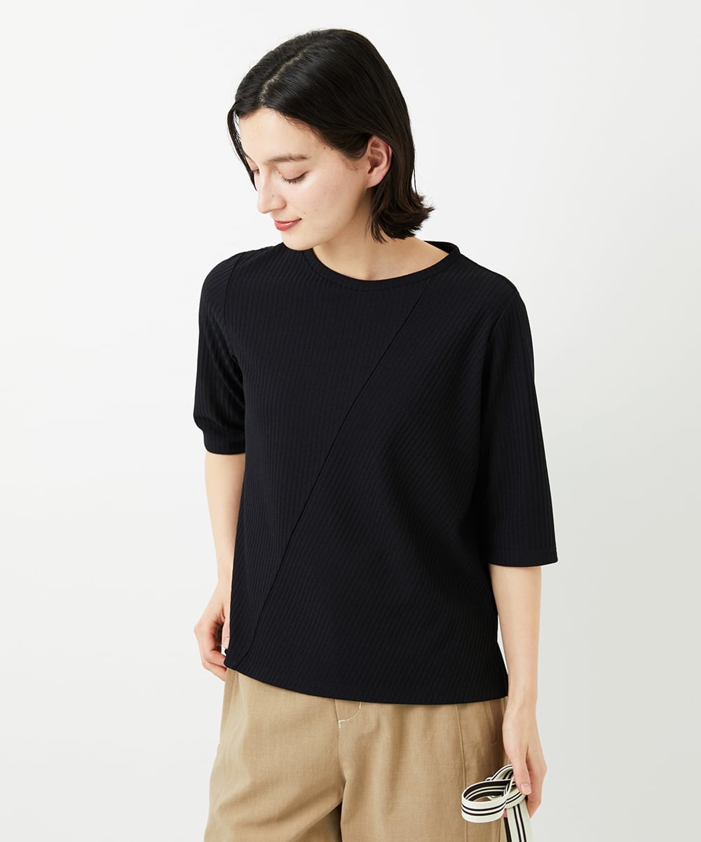 PHKGD17150 GEORGES RECH(小さいサイズ)(メゾン ドゥ サンク)  [日本製]バイヤスストレッチリブ5分袖カットソー ブラック