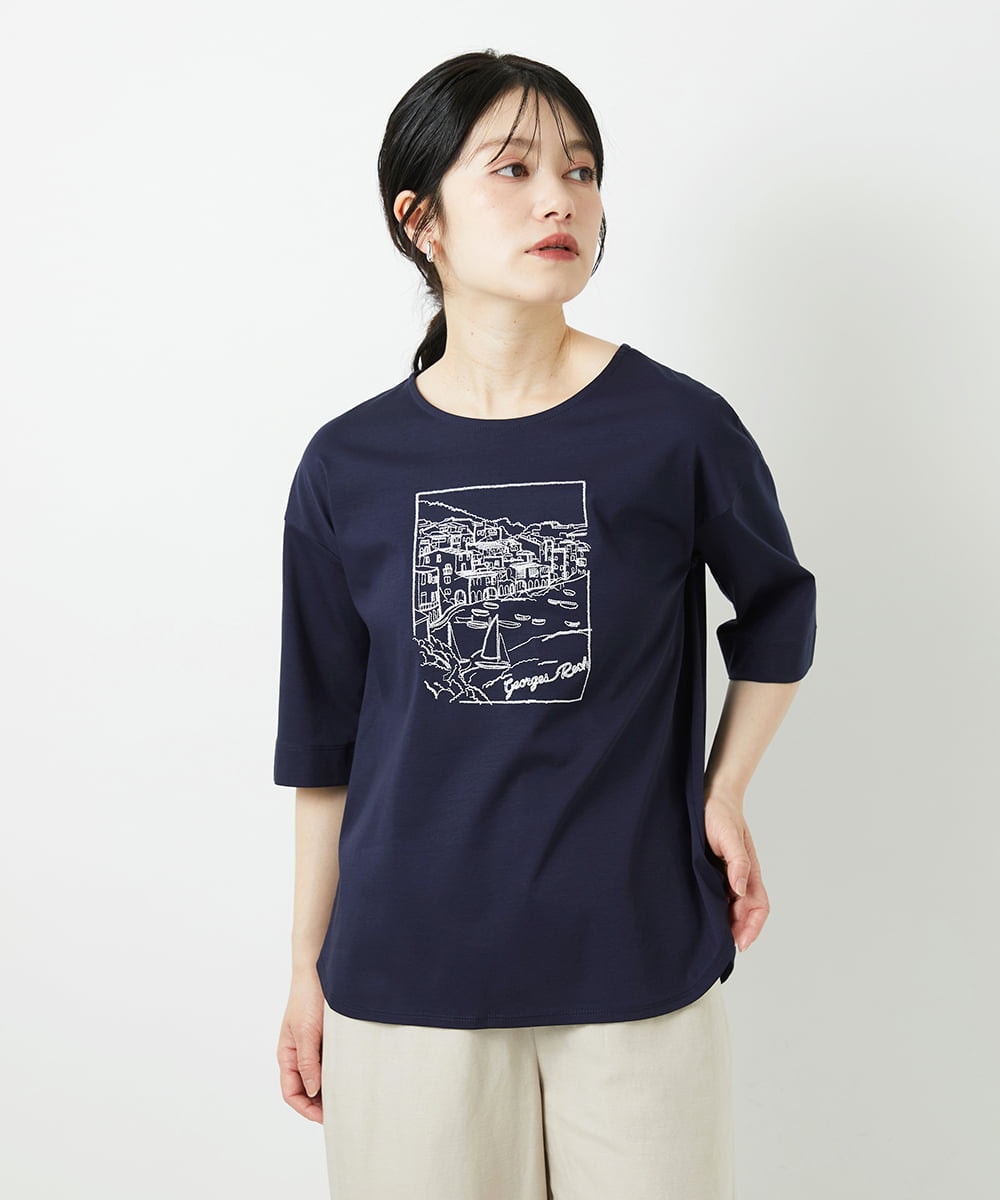 PHKGD24150 GEORGES RECH(小さいサイズ)(メゾン ドゥ サンク) [接触冷感]ドライコットン刺繍カットソー ネイビー