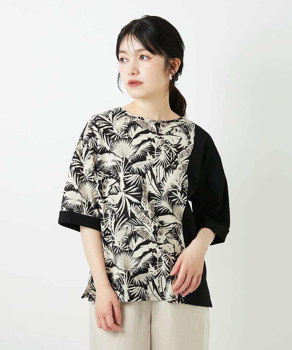 PHKGD33230 GEORGES RECH(小さいサイズ)(メゾン ドゥ サンク)  [日本製]リーフアシンメトリー5分袖カットソー ブラック