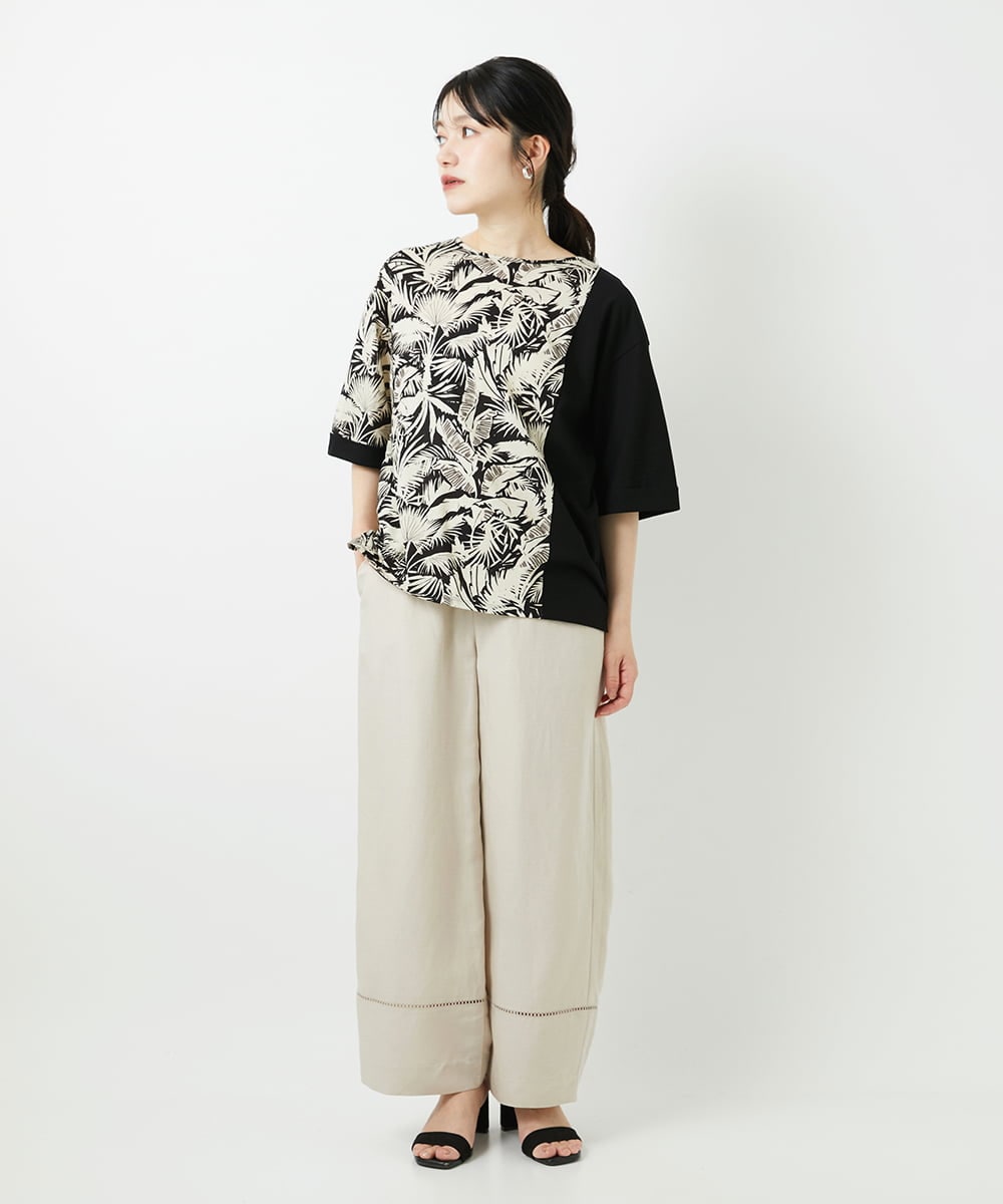 PHKGD33230 GEORGES RECH(小さいサイズ)(メゾン ドゥ サンク)  [日本製]リーフアシンメトリー5分袖カットソー ブラック