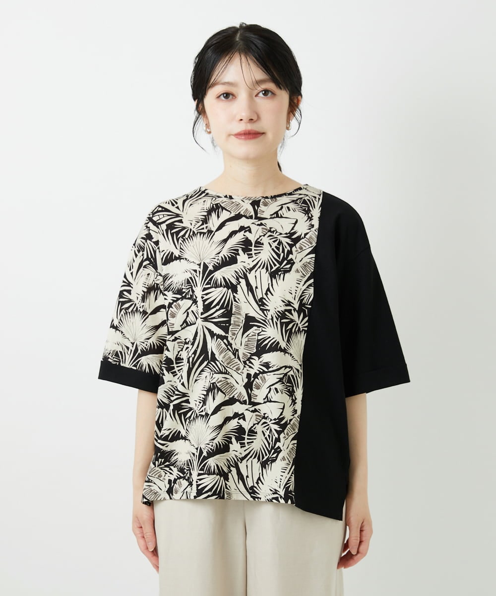 PHKGD33230 GEORGES RECH(小さいサイズ)(メゾン ドゥ サンク)  [日本製]リーフアシンメトリー5分袖カットソー ブラック