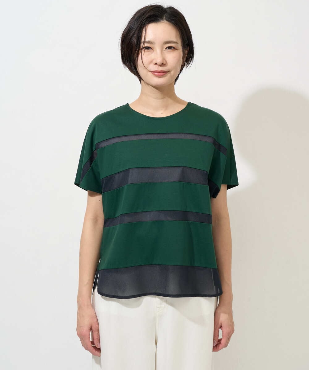 PHKGD38180 GEORGES RECH(小さいサイズ)(メゾン ドゥ サンク) [接触冷感]ドライコットンシアーボーダーカットソー カーキ