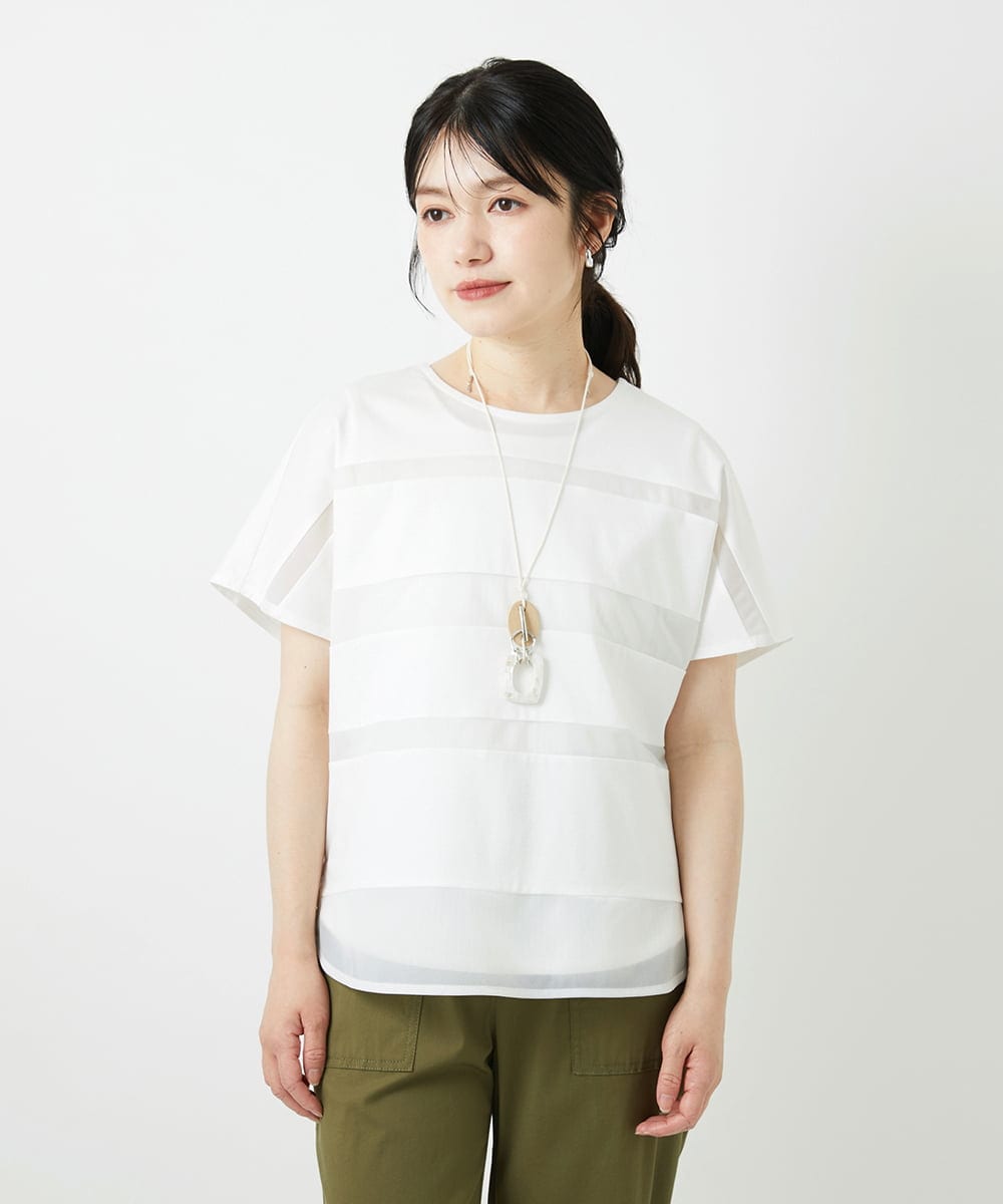PHKGD38180 GEORGES RECH(小さいサイズ)(メゾン ドゥ サンク) [接触冷感]ドライコットンシアーボーダーカットソー ホワイト