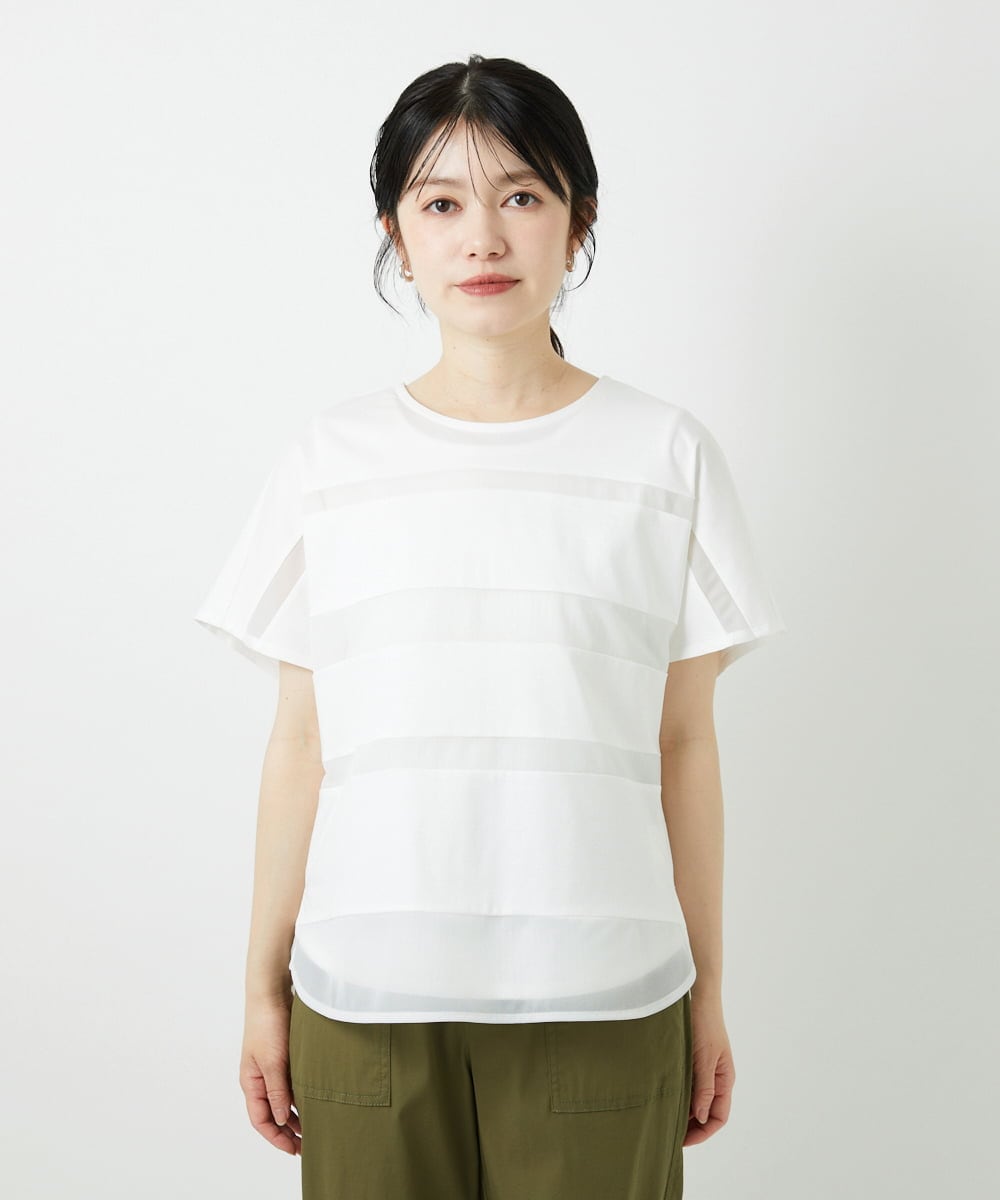 PHKGD38180 GEORGES RECH(小さいサイズ)(メゾン ドゥ サンク) [接触冷感]ドライコットンシアーボーダーカットソー ホワイト