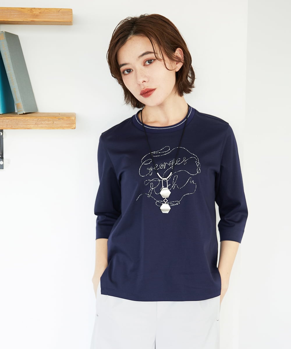 PHKGE45170 GEORGES RECH(小さいサイズ)(メゾン ドゥ サンク) [接触冷感]ラメコード刺繍ロゴカットソー ブルー