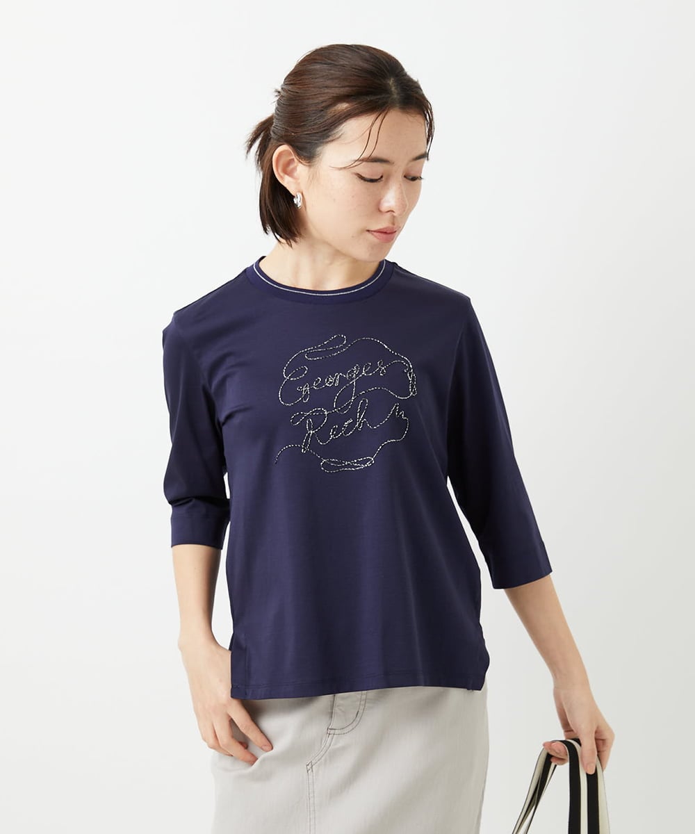 PHKGE45170 GEORGES RECH(小さいサイズ)(メゾン ドゥ サンク) [接触冷感]ラメコード刺繍ロゴカットソー ネイビー