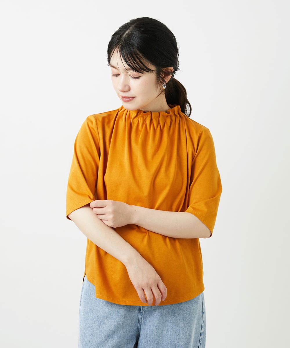 PHKGF29180 GEORGES RECH(小さいサイズ)(メゾン ドゥ サンク) タックフリルボトルネック5分袖カットソー オレンジ