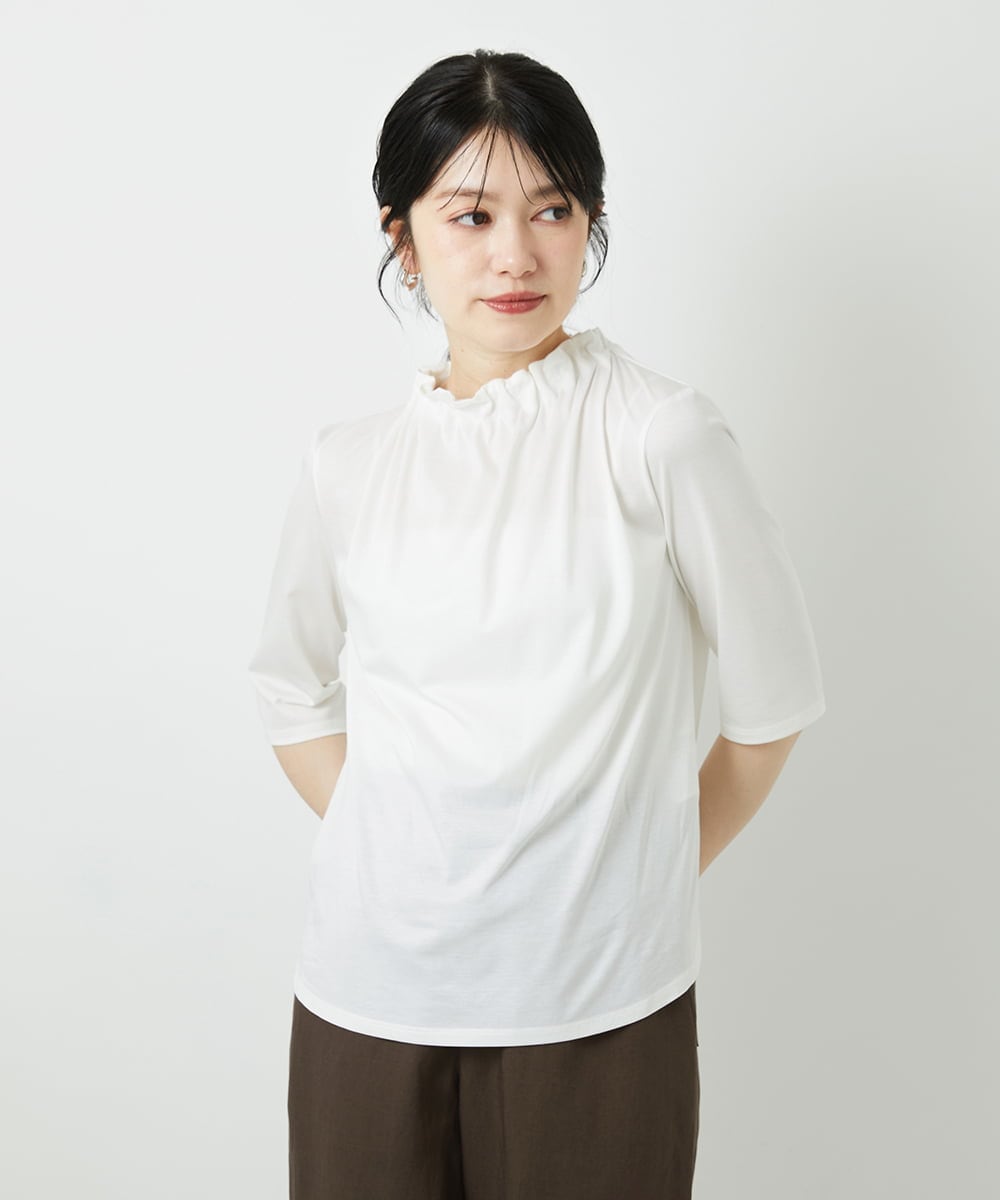 PHKGF29180 GEORGES RECH(小さいサイズ)(メゾン ドゥ サンク) タックフリルボトルネック5分袖カットソー ホワイト