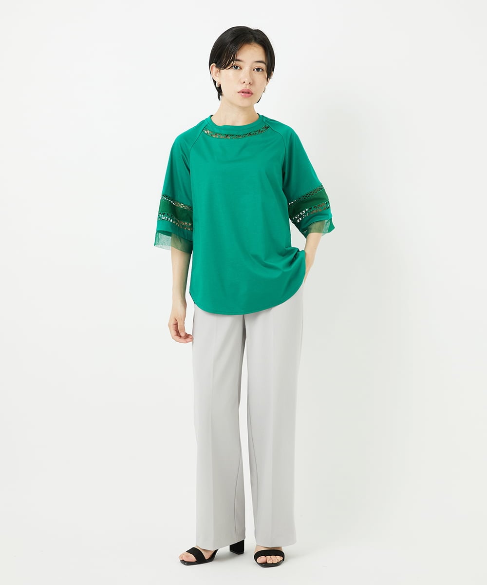 PHKHA58250 GEORGES RECH(小さいサイズ)(メゾン ドゥ サンク) チュールエンブロイダリー6分袖カットソー グリーン