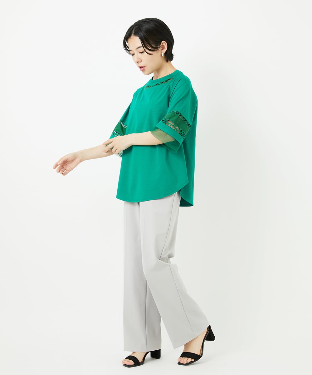 PHKHA58250 GEORGES RECH(小さいサイズ)(メゾン ドゥ サンク) チュールエンブロイダリー6分袖カットソー グリーン