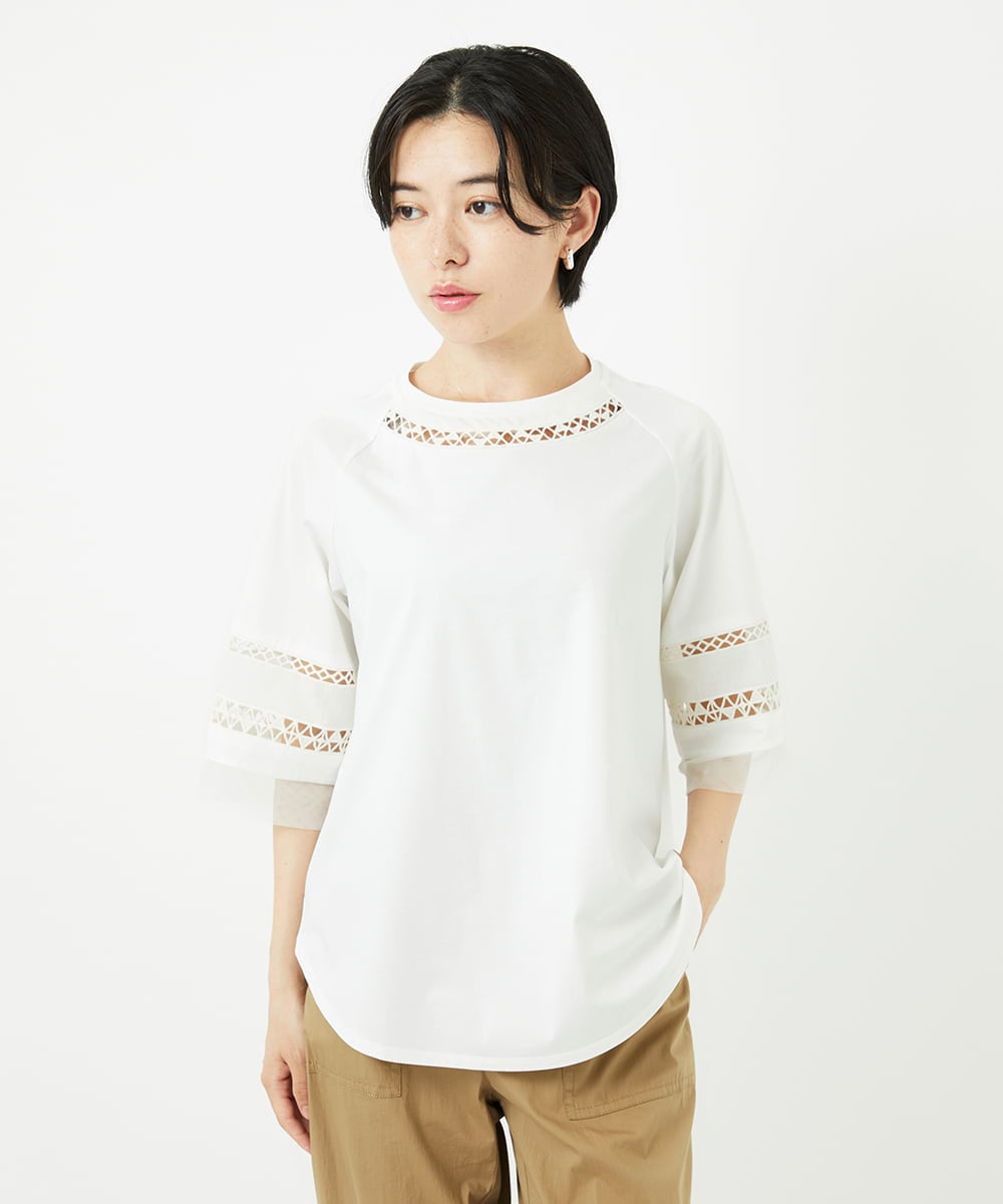 PHKHA58250 GEORGES RECH(小さいサイズ)(メゾン ドゥ サンク) チュールエンブロイダリー6分袖カットソー グリーン