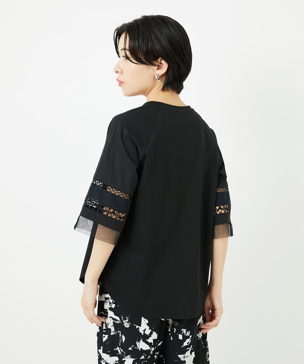PHKHA58250 GEORGES RECH(小さいサイズ)(メゾン ドゥ サンク) チュールエンブロイダリー6分袖カットソー グリーン