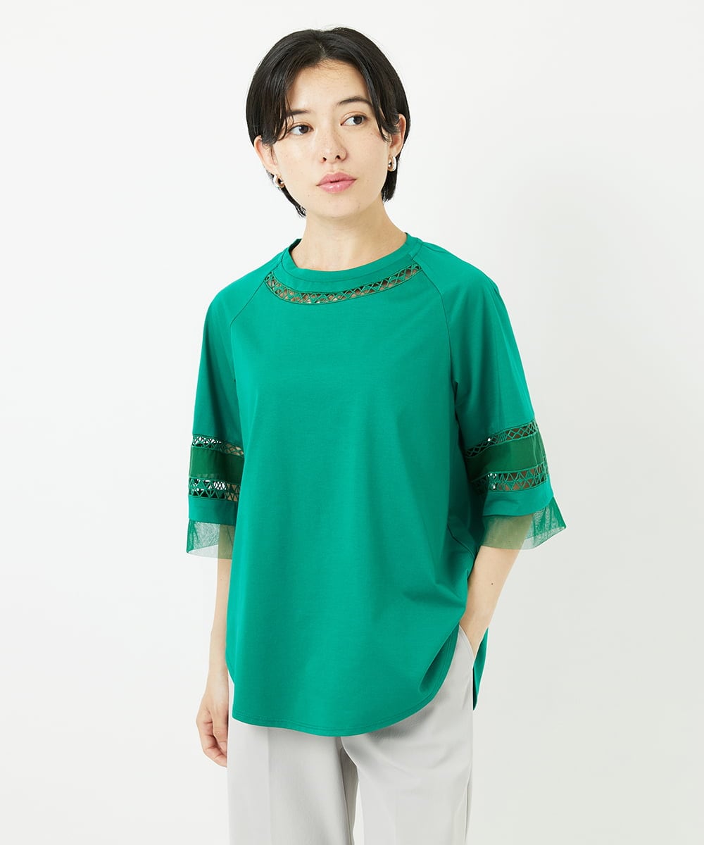 PHKHA58250 GEORGES RECH(小さいサイズ)(メゾン ドゥ サンク) チュールエンブロイダリー6分袖カットソー グリーン