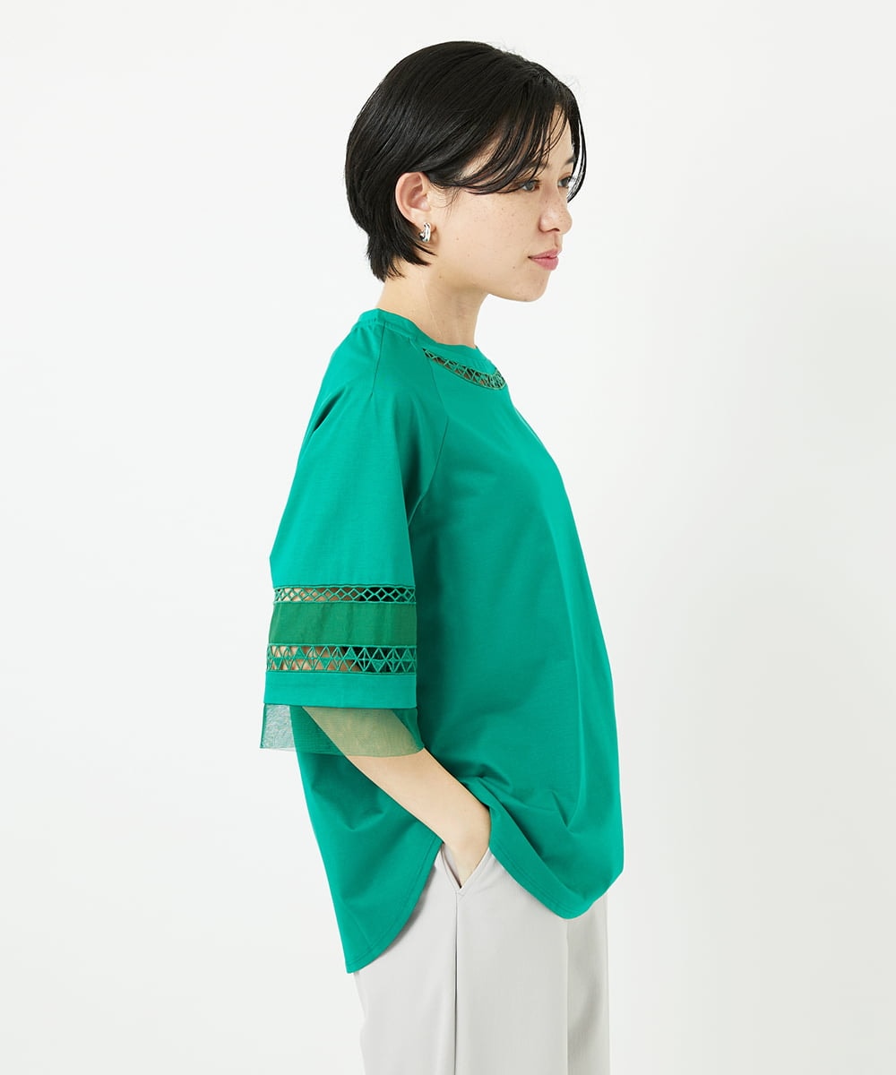 PHKHA58250 GEORGES RECH(小さいサイズ)(メゾン ドゥ サンク) チュールエンブロイダリー6分袖カットソー グリーン