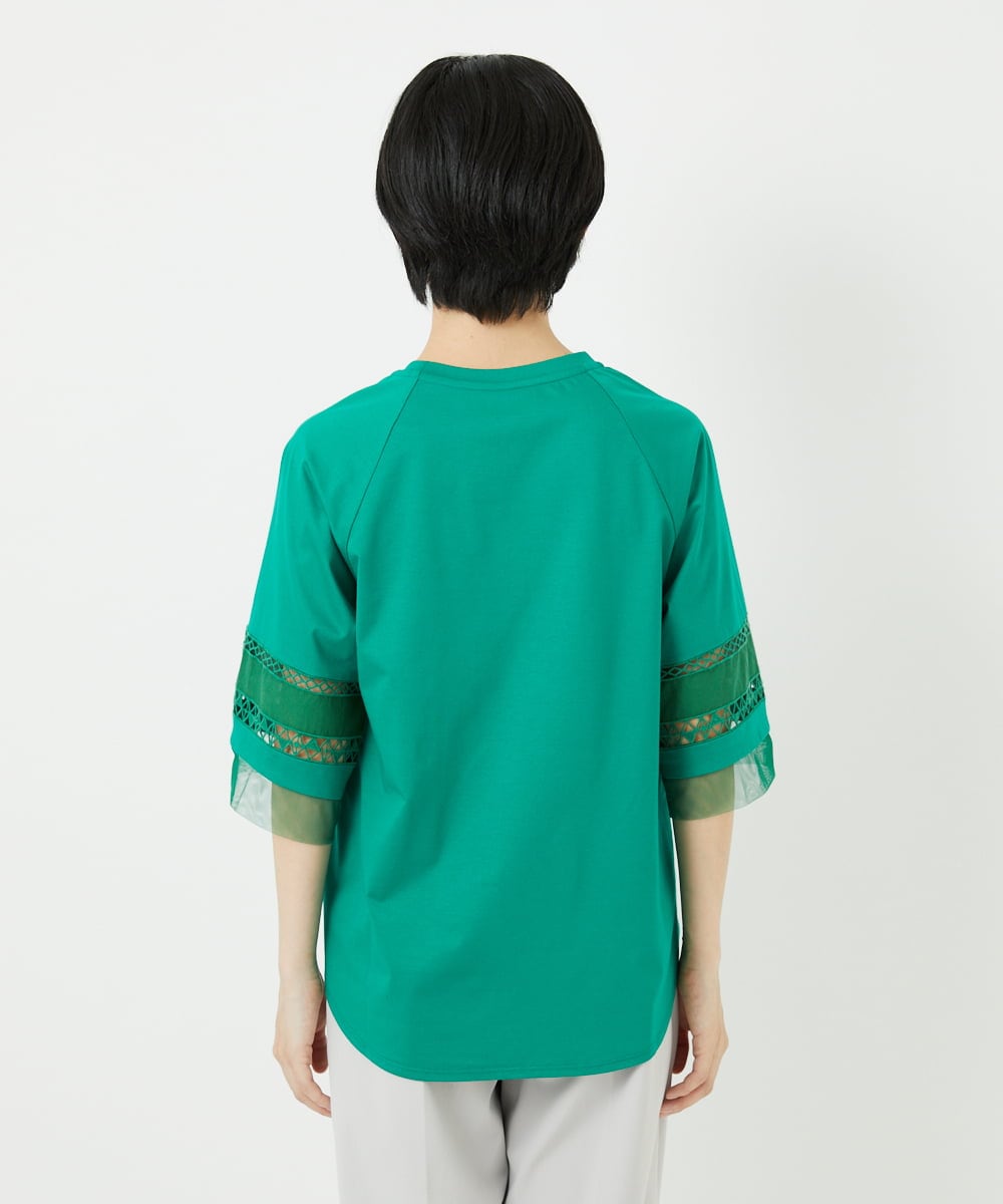 PHKHA58250 GEORGES RECH(小さいサイズ)(メゾン ドゥ サンク) チュールエンブロイダリー6分袖カットソー グリーン