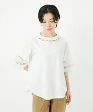 PHKHA58250 GEORGES RECH(小さいサイズ)(メゾン ドゥ サンク) チュールエンブロイダリー6分袖カットソー ホワイト