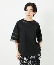 PHKHA58250 GEORGES RECH(小さいサイズ)(メゾン ドゥ サンク) チュールエンブロイダリー6分袖カットソー ブラック