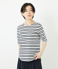 PHKHA66190 GEORGES RECH(小さいサイズ)(メゾン ドゥ サンク)  [日本製]マルチボーダーラメカットソー ホワイト