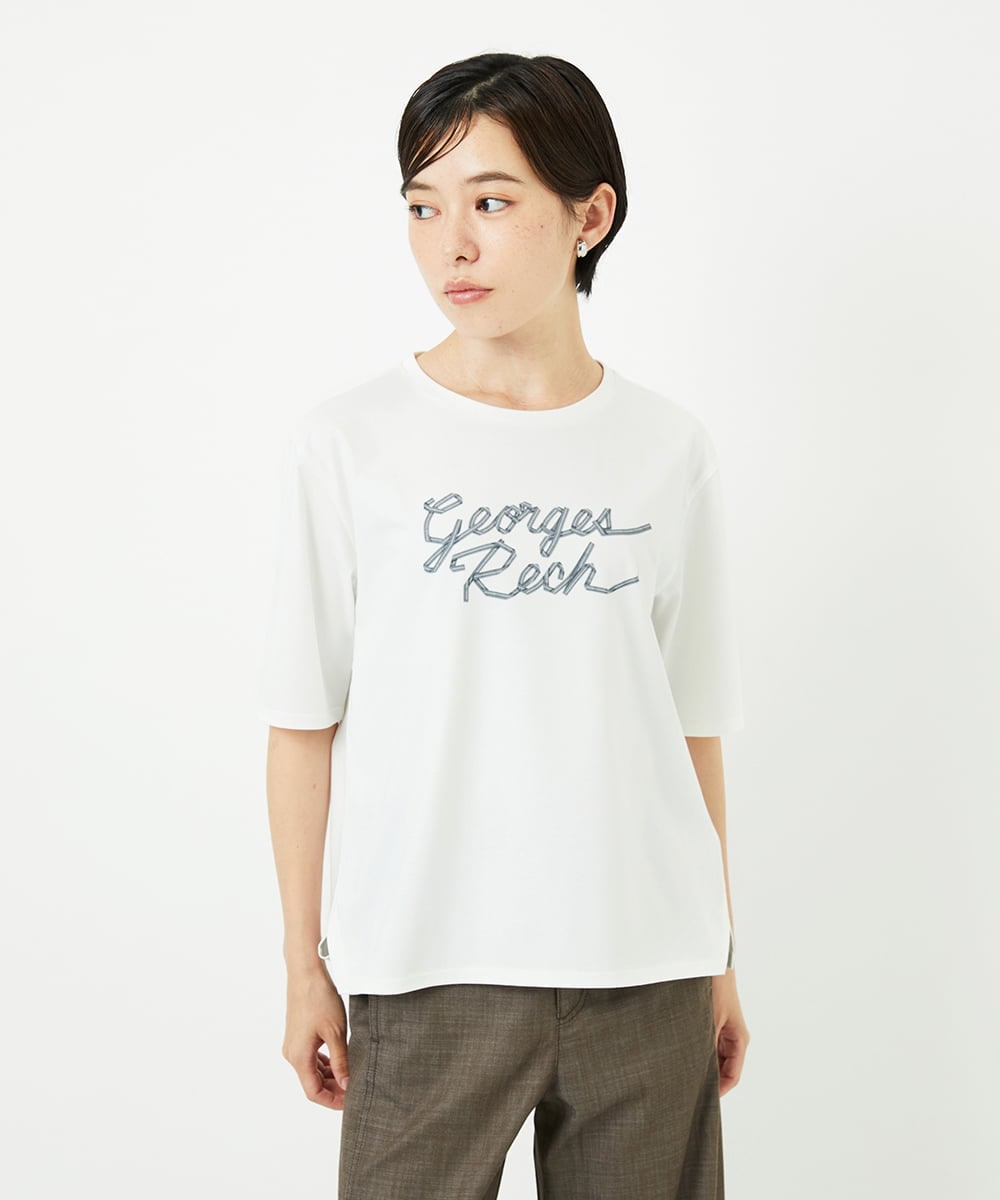 PHKHB11190 GEORGES RECH(小さいサイズ)(メゾン ドゥ サンク)  [接触冷感/紫外線カット/遮熱]プレーティングスルケットロゴカットソー ホワイト